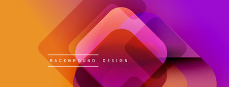 Abstract geometric shapes overlap, creating vibrant orange, purple gradients. Modern design element for backgrounds, presentations.のイラスト素材