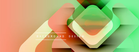 Abstract geometric shapes overlap, creating vibrant gradient background. Peach, green, orange hues dominate composition. Modern design element.のイラスト素材