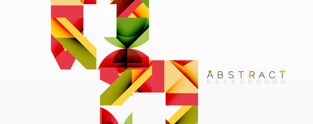 Bright geometric shapes overlap, creating dynamic abstract composition. Red, green, yellow hues dominate white space. Modern design element.のイラスト素材