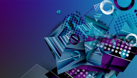 Abstract geometric composition. Blue, purple hues dominate. Shapes overlap creating dynamic visual...