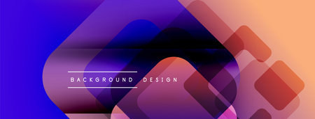 Abstract background features overlapping translucent squares. Gradient transitions from blue to...