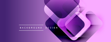 Purple gradient background features overlapping squares. Modern design elements create dynamic visual effect. Text reads background design.のイラスト素材