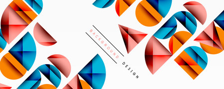 Abstract geometric shapes repeat across white space. Circles, triangles form dynamic pattern. Modern...