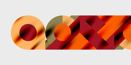 Abstract geometric shapes, orange, red, beige tones. Overlapping circles, squares create dynamic...