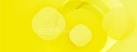 Bright yellow backdrop features overlapping translucent circles. Minimalist design includes text background design centered within composition. Smooth gradients create depth.のイラスト素材