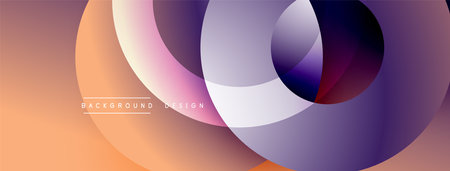 Abstract circles overlap, creating vibrant gradients. Peach, purple, navy hues blend seamlessly. Modern design element for backgrounds.のイラスト素材