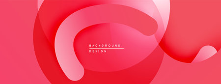Abstract red design features overlapping curved shapes. Soft gradients create depth, modern...