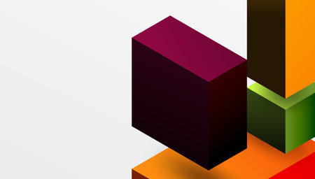 Abstract geometric composition. Cubes overlap, creating depth. Warm colors dominate, with purple, orange, green hues. Minimalist design.のイラスト素材