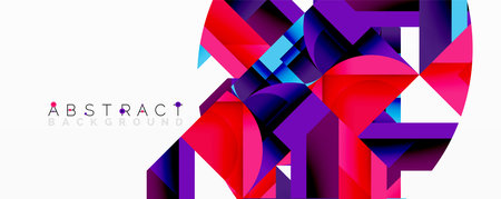 Vibrant geometric shapes overlap, creating dynamic abstract composition. Red, purple, blue hues dominate white space. Modern design element.のイラスト素材