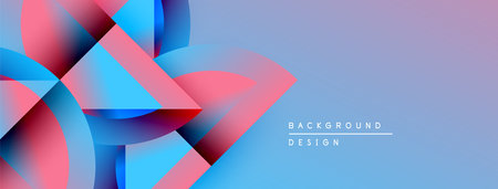 Abstract geometric shapes blend vibrant blues, pinks, purples. Gradient background creates dynamic visual effect. Minimal text indicates design focus.のイラスト素材