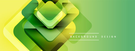 Abstract geometric composition. Overlapping squares create dynamic gradient effect. Yellow, green hues dominate visual space. Modern design element.のイラスト素材