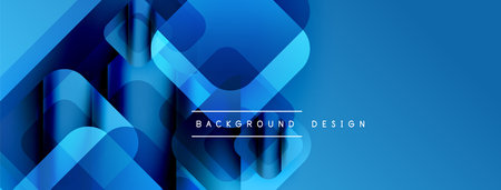 Abstract blue design features overlapping squares, rectangles. Gradient shades create depth, modern aesthetic. Text reads background design.のイラスト素材