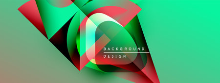 Abstract geometric shapes overlap, creating vibrant green, red, blue gradients. Modern design elements suggest dynamic composition.のイラスト素材