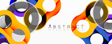 Bright abstract shapes overlap, creating dynamic colorful composition. Modern design with gradients, curves, circles.のイラスト素材