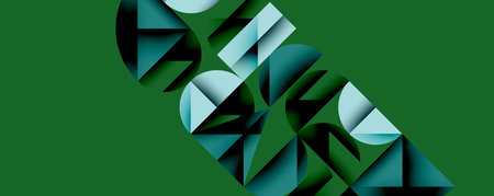 Abstract geometric design features layered teal shapes over green background. Modern aesthetic, minimalist composition. Bold typography visible.のイラスト素材