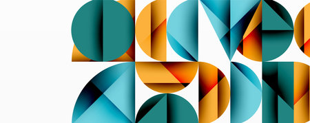 Abstract geometric shapes overlap, creating colorful patterns. Teal, orange dominate composition. Modern design elements present.のイラスト素材