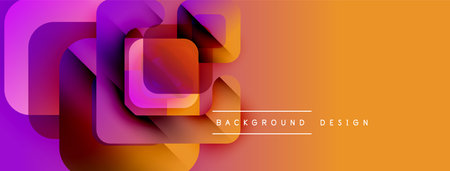 Abstract geometric shapes overlap, creating vibrant gradient effect. Orange, purple hues dominate...