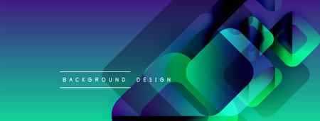 Abstract gradient background features overlapping squares. Blue, green hues create modern visual effect. Text reads background design.のイラスト素材