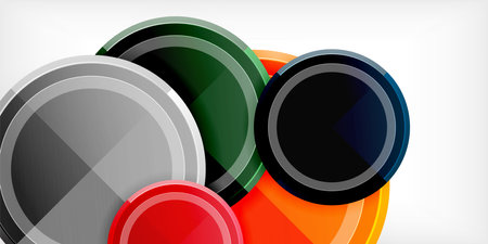 Abstract circles overlap, creating dynamic composition. Colors include silver, green, orange, red, black. Modern design elements present.のイラスト素材