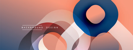 Abstract geometric shapes overlap, creating soft gradients. Colors range from peach to navy, forming...