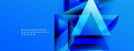Abstract geometric shapes dominate vibrant blue background. Overlapping triangles create depth, modern design aesthetic. Text reads background design.のイラスト素材