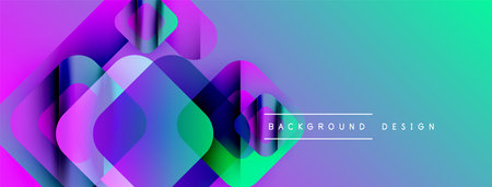 Abstract geometric shapes overlap, creating vibrant gradient effect. Blue, purple, green hues...