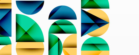 Abstract geometric shapes overlap, creating vibrant color gradients. Composition features blues, greens, yellows, white background.のイラスト素材