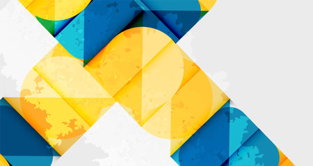 Abstract geometric design. Overlapping shapes create textured, colorful pattern. Yellow, blue, white dominate composition. Modern aesthetic.のイラスト素材