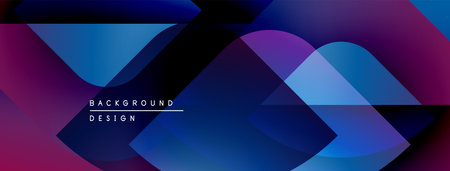 Abstract geometric shapes overlap, creating vibrant purple, blue gradients. Modern design elements...