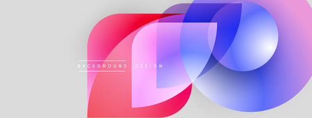 Abstract shapes overlap, creating vibrant color gradients. Light pinks, blues, purples blend on gray...