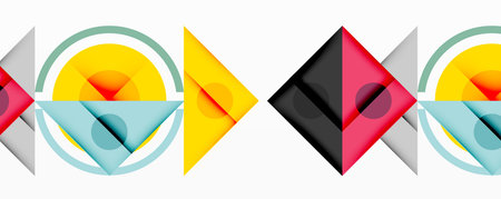 Geometric shapes overlap, creating colorful abstract composition. Circles, triangles, arrows...