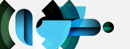 Abstract composition featuring curved shapes, overlapping layers, cool color palette. Minimalist...
