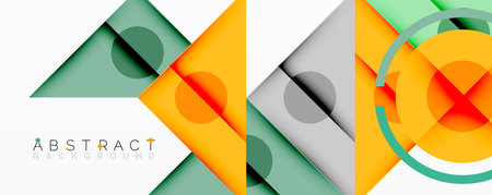 Geometric shapes overlap, creating modern abstract design. Orange, gray, green hues dominate...