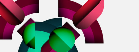 Abstract shapes, vibrant colors, geometric forms create dynamic composition. Red, green hues dominate minimalist background.のイラスト素材