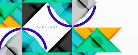 Geometric shapes overlap, creating modern abstract design. Turquoise, gray, purple hues dominate...