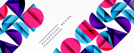 Abstract geometric shapes, vibrant colors, modern design. White background features repeating...