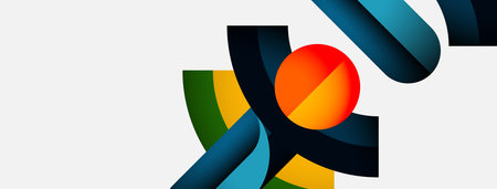 Abstract design features colorful curved shapes, overlapping forms. Bright orange circle dominates...