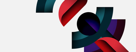 Abstract ribbons intertwine, creating dynamic shapes. Colors include red, teal, purple, black....