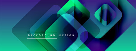 Abstract geometric shapes overlap, creating vibrant gradients. Blue, green, purple hues dominate...
