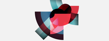 Abstract geometric shapes overlap, creating vibrant red, teal, purple composition. Minimalist design on white background. Modern art style.のイラスト素材