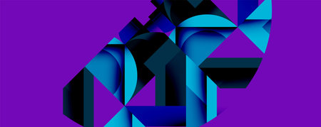 Abstract geometric shapes dominate purple background. Blue tones create depth, shadows suggest complex construction. Modern digital art.のイラスト素材