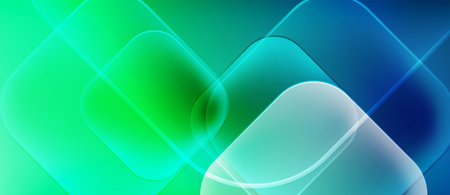 Abstract background features overlapping squares. Colors transition from vibrant green to cool blue....