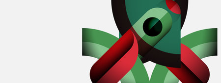 Abstract design features flowing ribbons, green hues dominate, red accents present. Minimalist composition, modern aesthetic, clean lines visible.のイラスト素材