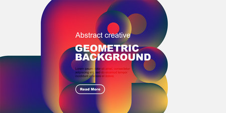 Vibrant abstract shapes overlap, creating dynamic geometric background. Text promotes content with read more button. Modern design.のイラスト素材