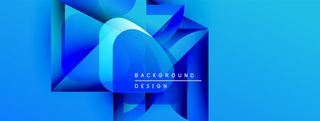 Abstract blue shapes create dynamic background. Modern design features layered geometry, gradients,...