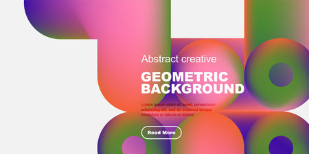 Vibrant abstract shapes overlap black background. Text promotes geometric design, includes read more button. Modern, colorful composition.のイラスト素材