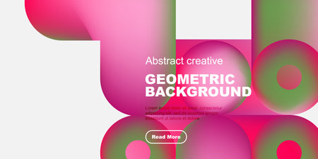 Abstract geometric background features vibrant overlapping shapes, text, button. Modern design, pinks, greens dominate composition.のイラスト素材