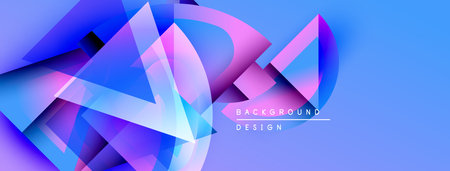 Abstract geometric shapes overlap, creating vibrant blue, pink gradients. Modern design suggests...