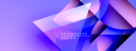 Abstract geometric shapes overlap, creating vibrant purple, blue gradients. Modern design elements...