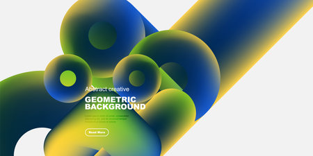 Fluid shapes blend, creating vibrant geometric background. Colors transition smoothly, offering modern aesthetic. Text invites further exploration.のイラスト素材